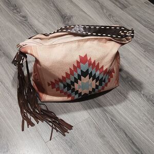 Southwestern Soft Burlap Fringe Stylish Tan & Brown Hobo Bag